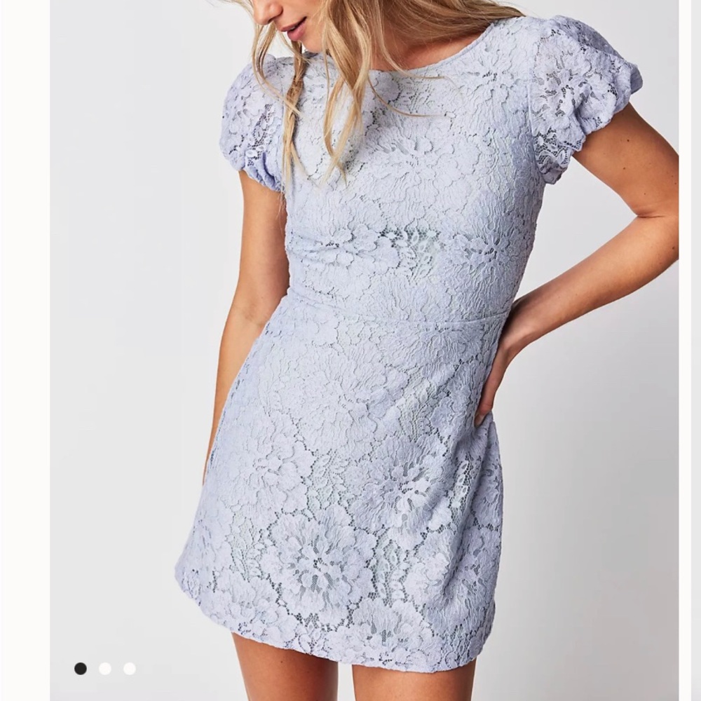 NWT Free People Hailee Lace Short Puffed Cap Sleeve Mini Dress M Open Back Blue